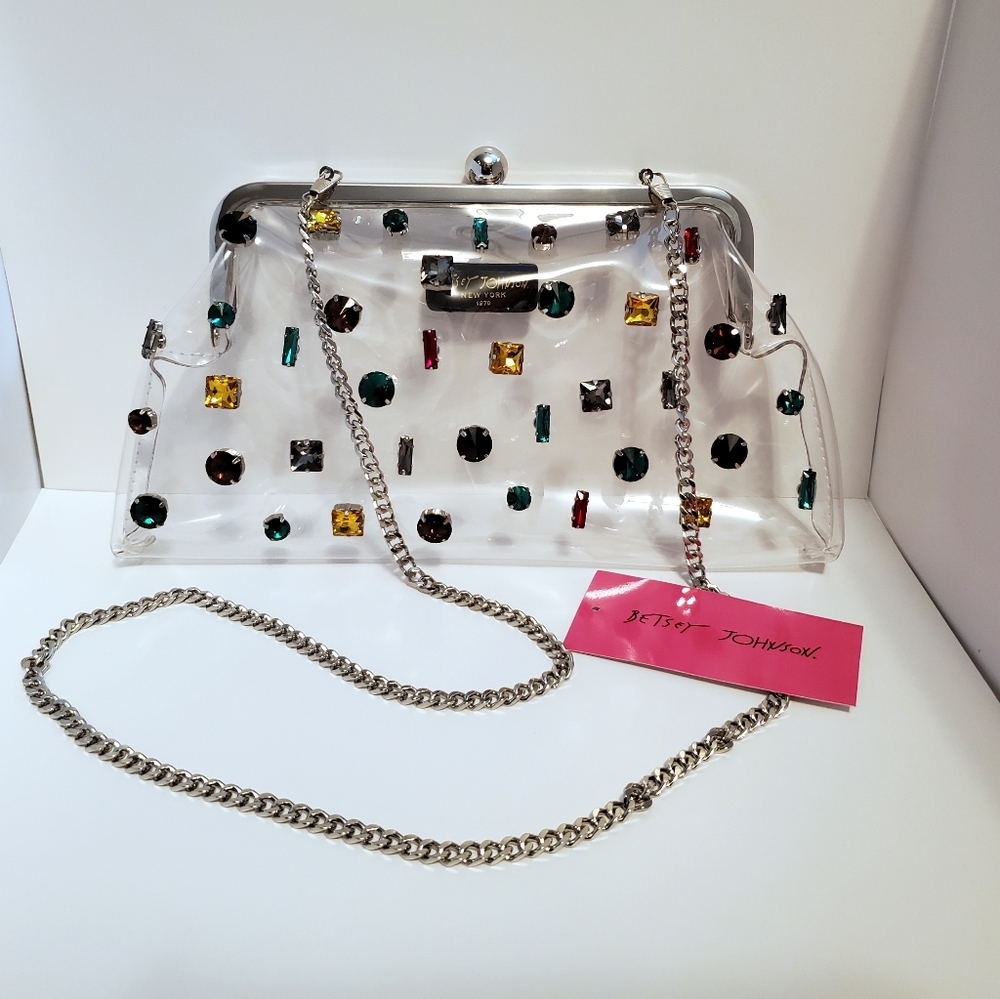 Betsey Johnson New York Clear Rhinestone Clutch Purse with Crossbody Chain